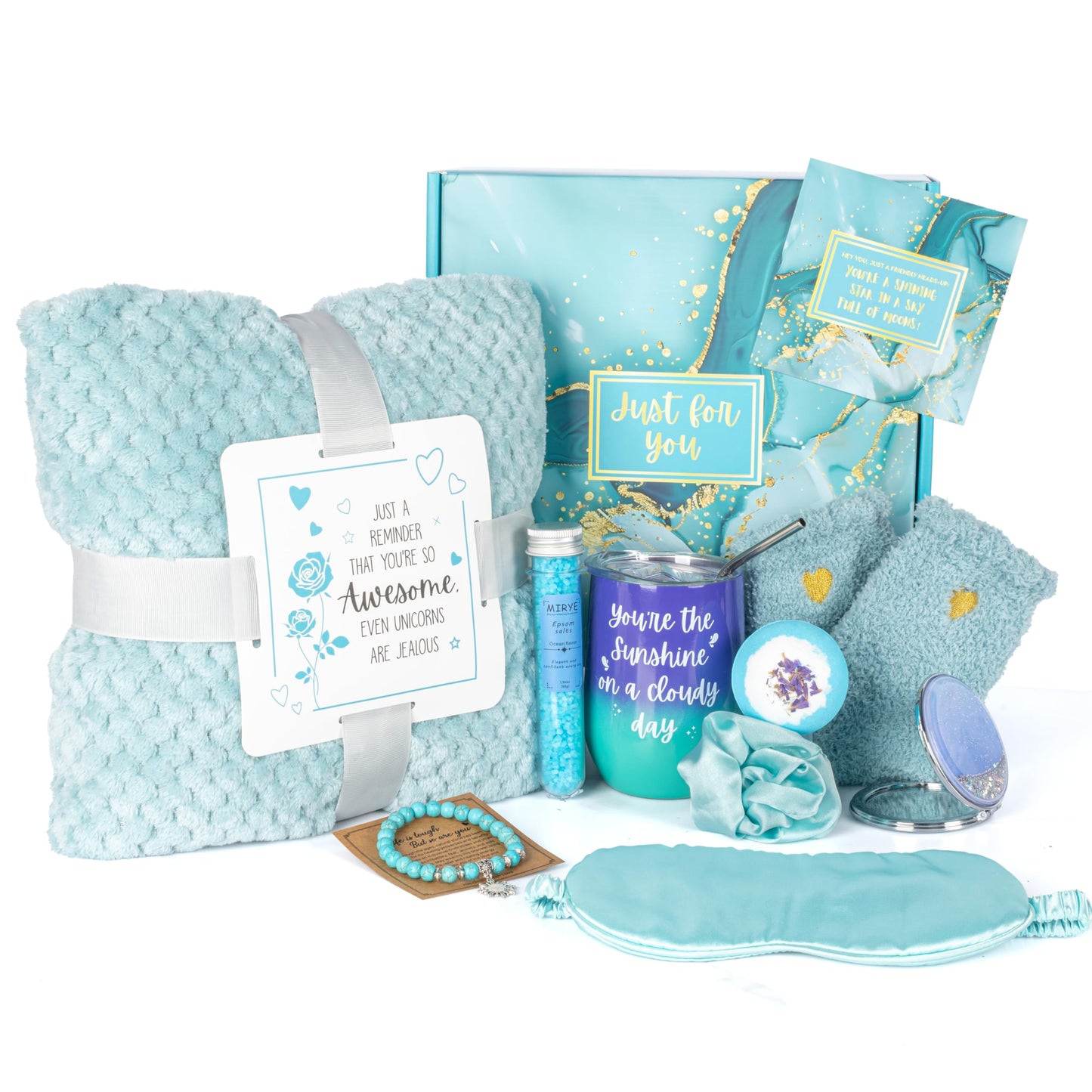 Self Care Gift Set for Women - With Bracelet, Spa Goods, Eye Mask, Blanket, Drinking Cup, Hair Tie, Socks, Mirror & Card - Unique Wellness, Birthday Gift Care Package for Sister, Best Friend, Girlfriend, Mom.