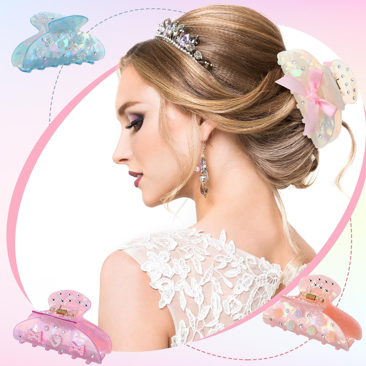 Suncalla 6 Set DIY Hair Claw Clips Kit Acrylic Claw Clip with Resin Rhinestones Pearls Hair Clips with Strong Hold Non-slip Banana Barrettes for Women Party Crafting Night DIY(Classic)