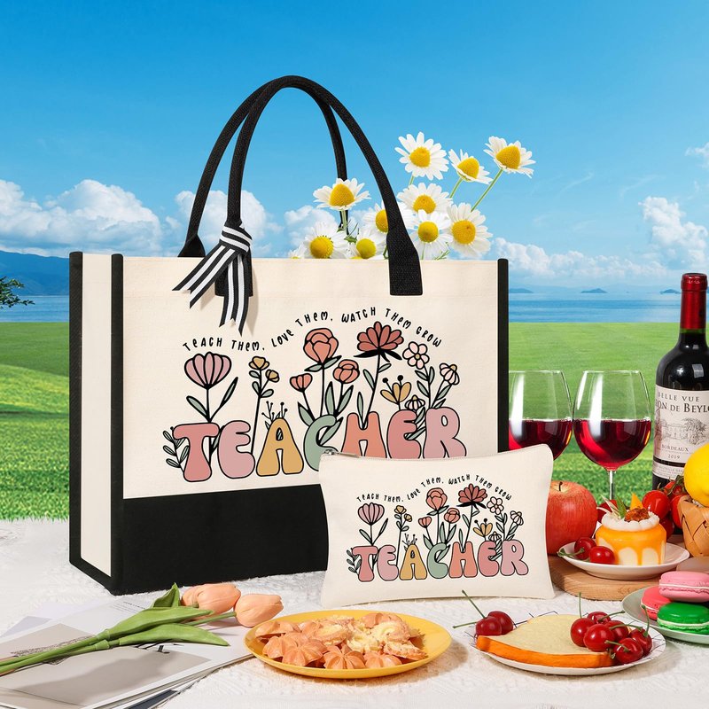 Tecanne Teacher Appreciation Gifts for Women, Canvas Tote Bag and Makeup Bag Set for Women (4 Sets)