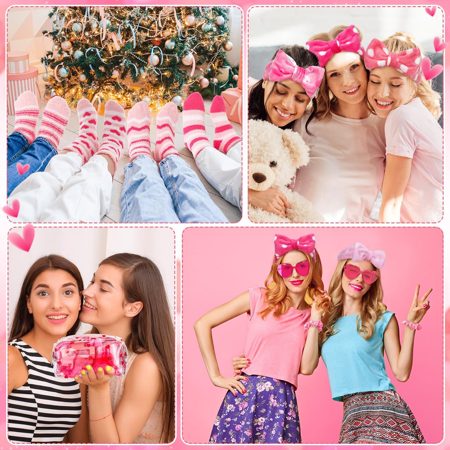 Geiserailie 4 Set Galentine's Gift 32 Pcs Valentines Gift for Her Pink Makeup Bags Spa Hairband Hair Scrunchies Hair Clips Heart Sunglasses Pens Socks Cards Sleepover Party Supplies for Women