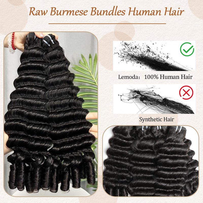 Lemoda Burmese Deep Wave Bundles Human Hair 16 Inch 100% Unprocessed Raw Human Hair Loose Deep Wave Bundles Extensions 15A Raw Burmese Curly Bundles Natural Color