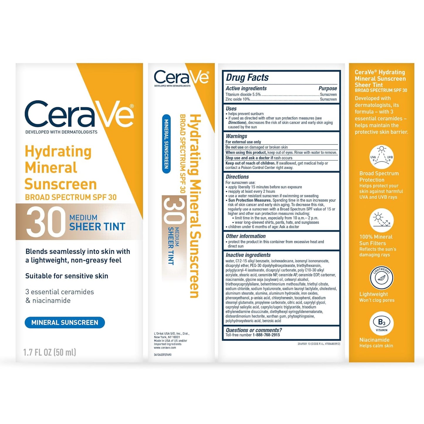 CeraVe Hydrating Mineral Sunscreen SPF 30 - Tinted Zinc Oxide Formula for Healthy Glow | Medium, 1.7 Fl Oz