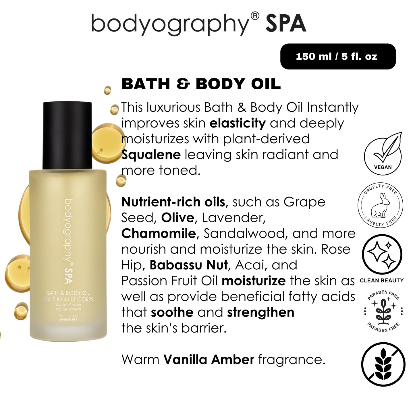 Spa Bath and Body Oil - Vanilla Amber by Bodyography for Women - 5 oz Body Oil
