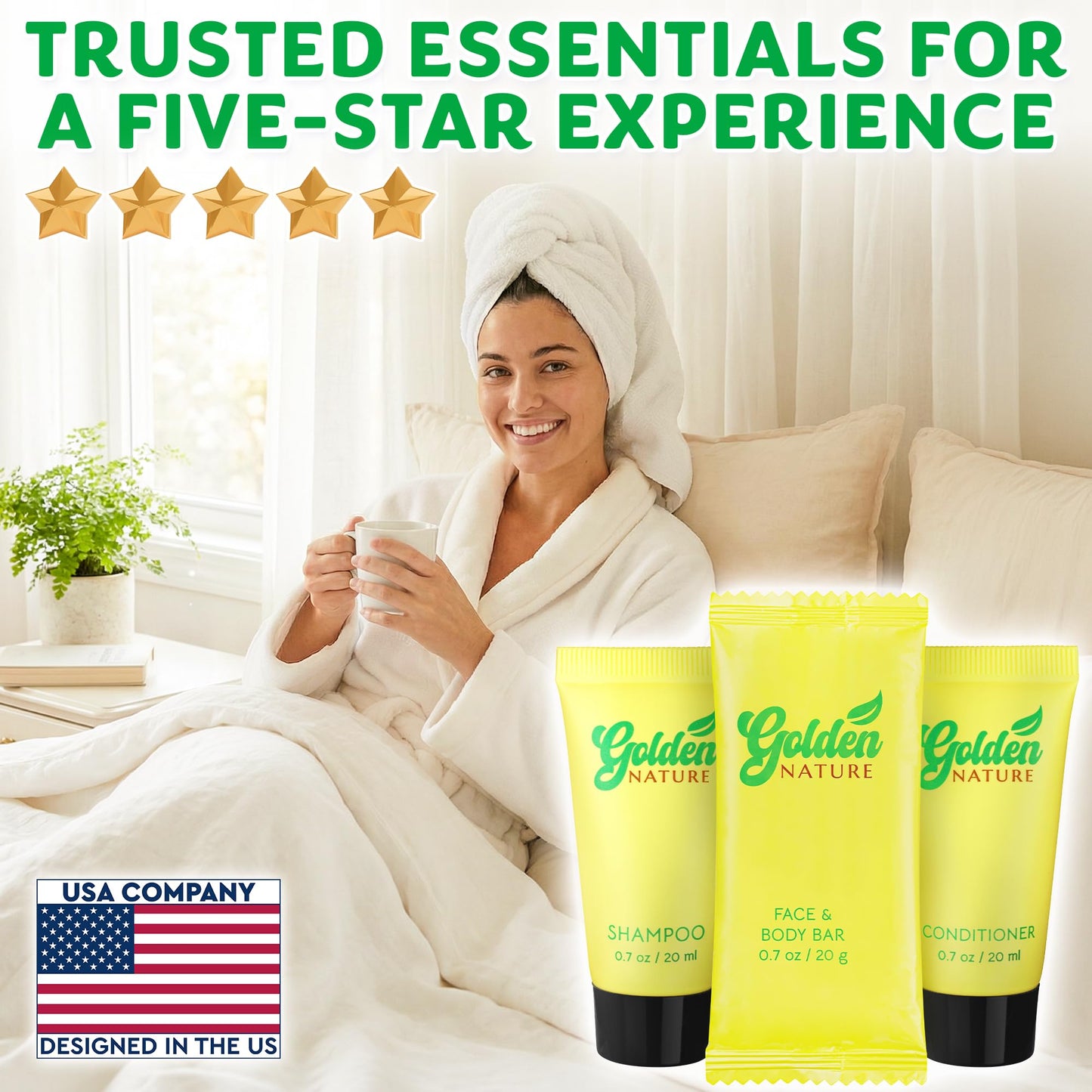 Golden Nature - Travel Size Hotel Toiletries Bundle - Jasmine, 0.7 oz each, 200 Pcs - 4-Piece Set: 50 Rectangular Bar Soap, 50 Shampoo, 50 Conditioner & 50 Body Lotion - Bulk Small Toiletries
