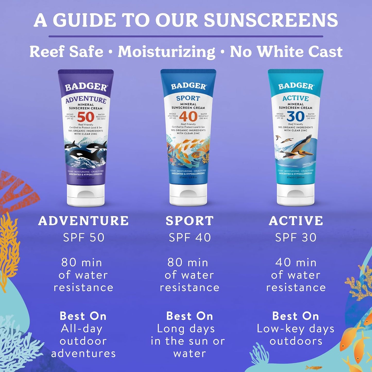 Badger Reef Safe Mineral Sunscreen SPF 50 - 98% Organic, Non-Toxic, Water Resistant, Unscented | 2.9 fl oz