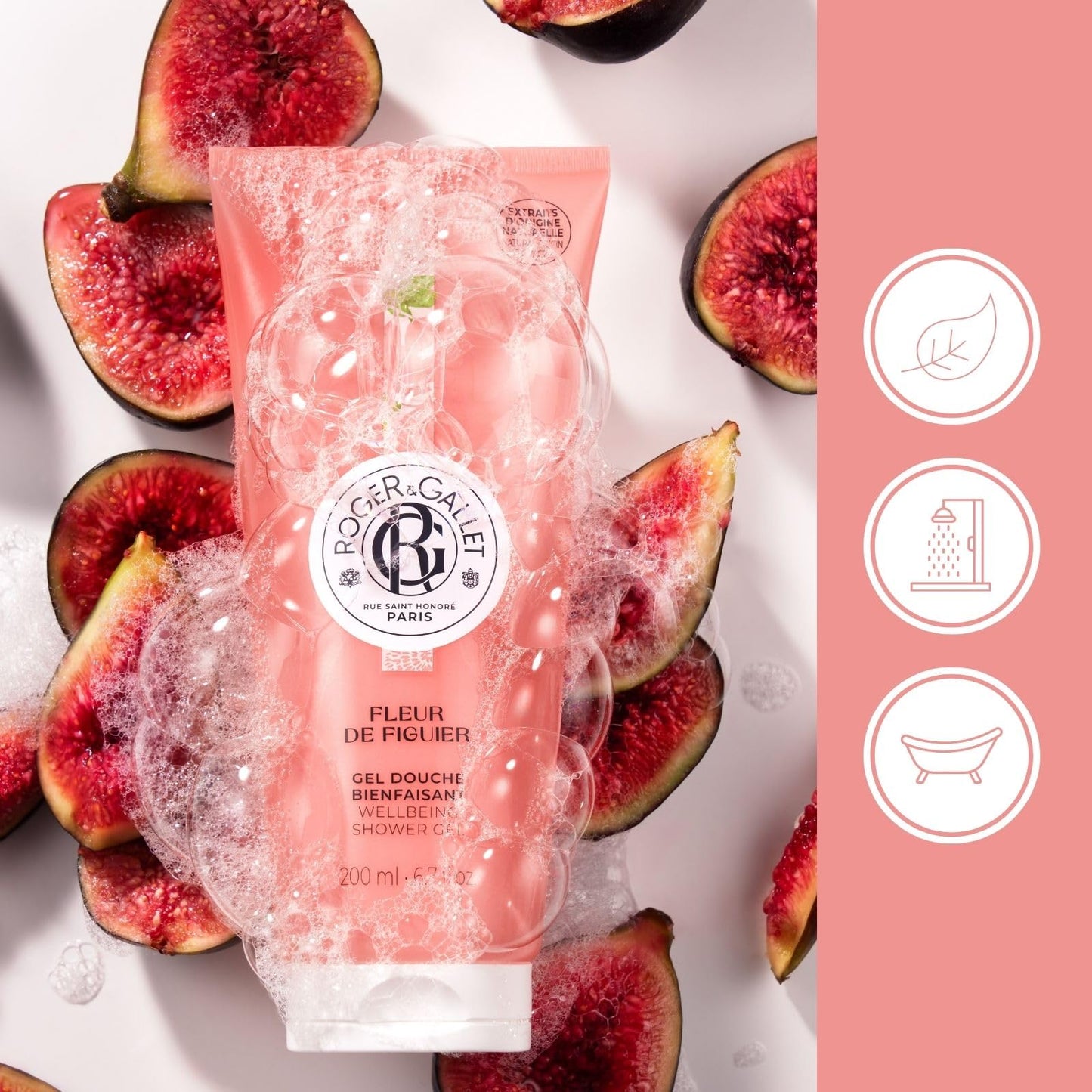 ROGER & GALLET Wellbeing Shower Gel – Plant-Based Hydrating Body Wash with Aloe Vera, Gentle Foaming Cleanser for Soft Skin (Fleur De Figuier - Fig Blossom | 6.7 Oz)