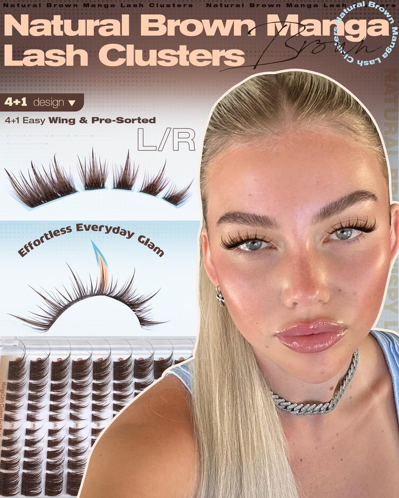 ALICROWN Brown Lash Clusters Cat Eye Cluster Eyelash Extensions Manga Eyelash Clusters Left & Right Natural Lash Extensions Spiky Cluster Lashes C Curly Fox Eye Individual Lashes Fairy Eyelashes