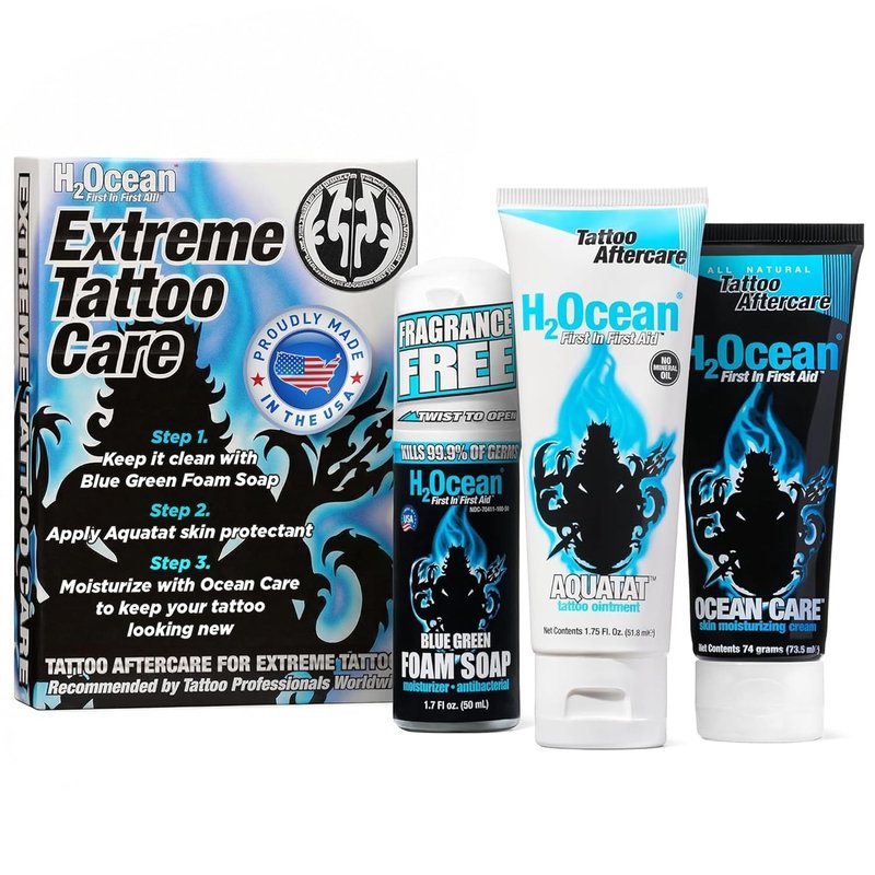 H2Ocean Extreme Tattoo Aftercare Kit | 3-Step Healing Set with Antibacterial Foam Soap, Moisturizing Cream & Ointment - Sea Mineral Enriched Formula for Vibrant Tattoos