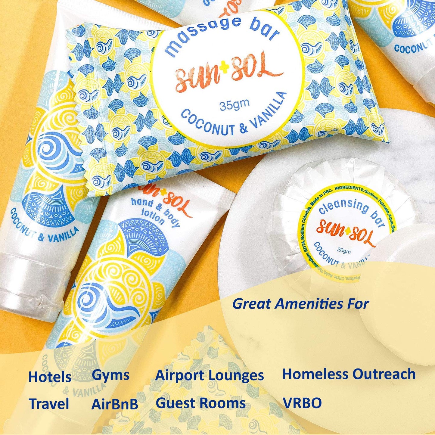 World Amenities Sun + Sol Bulk Moisturizing Massage Bar with Warm Coconut & Vanilla Fragrances, Sachet Wrapped Travel Size Toiletries, Mini Hotel Amenities, 1.23 oz, 100 Count