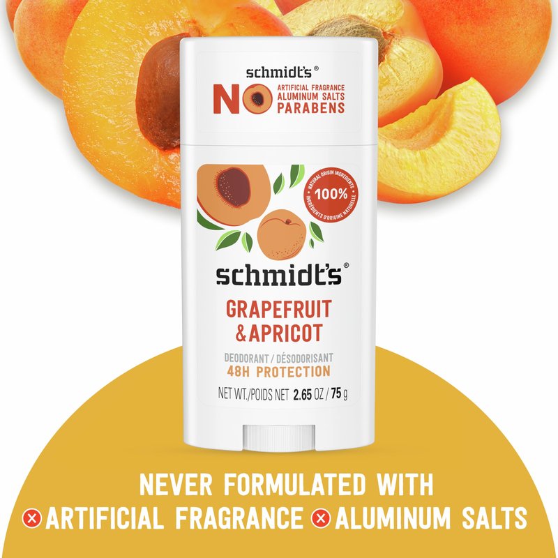 Schmidt's Aluminum-Free Vegan Deodorant Grapefruit & Apricot with 24-Hour Odor Protection, 2 Count for Women and Men, Natural Ingredients, Cruelty-Free 2.65 oz