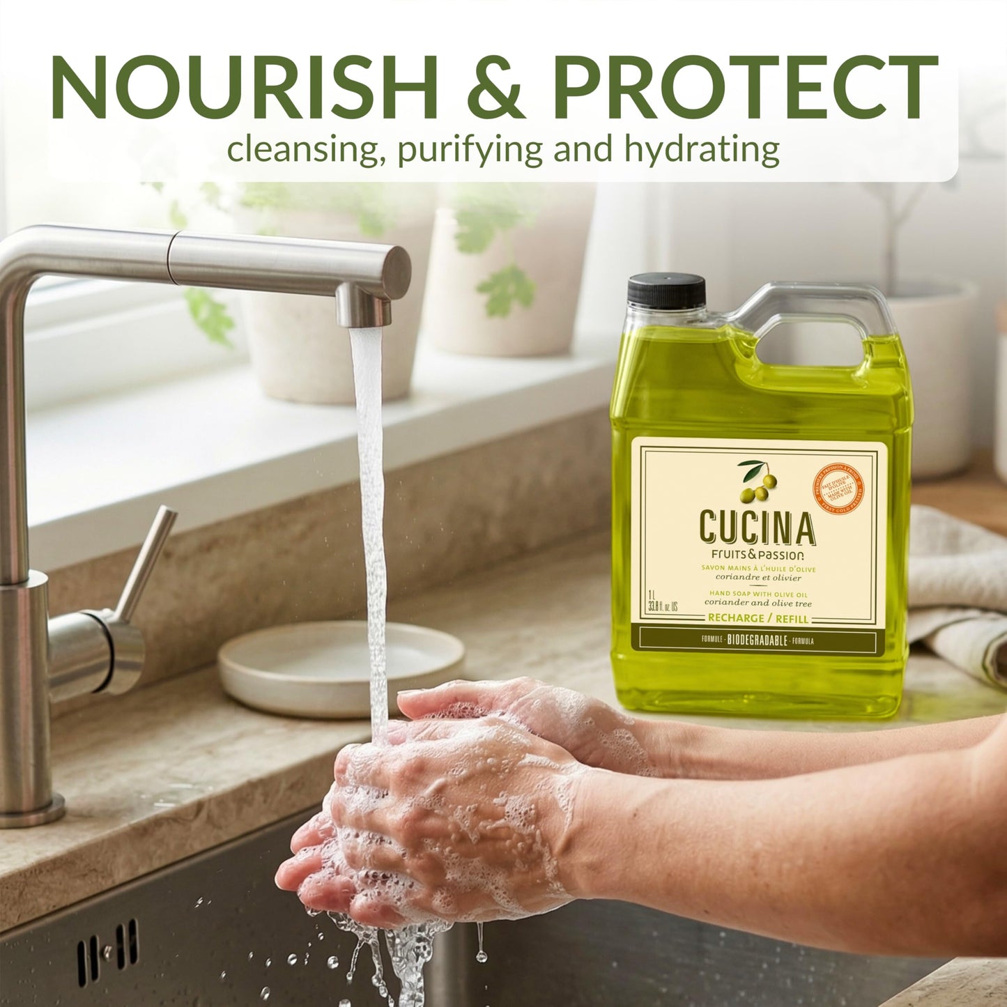 Cucina Fruits & Passion Hand Soap Refill, Coriander & Olive Tree, 1 L (33.8 fl oz), Liquid Hand Soap with Moisturizing Olive Oil, Biodegradable, Vegan Formula, Kitchen & Bathroom