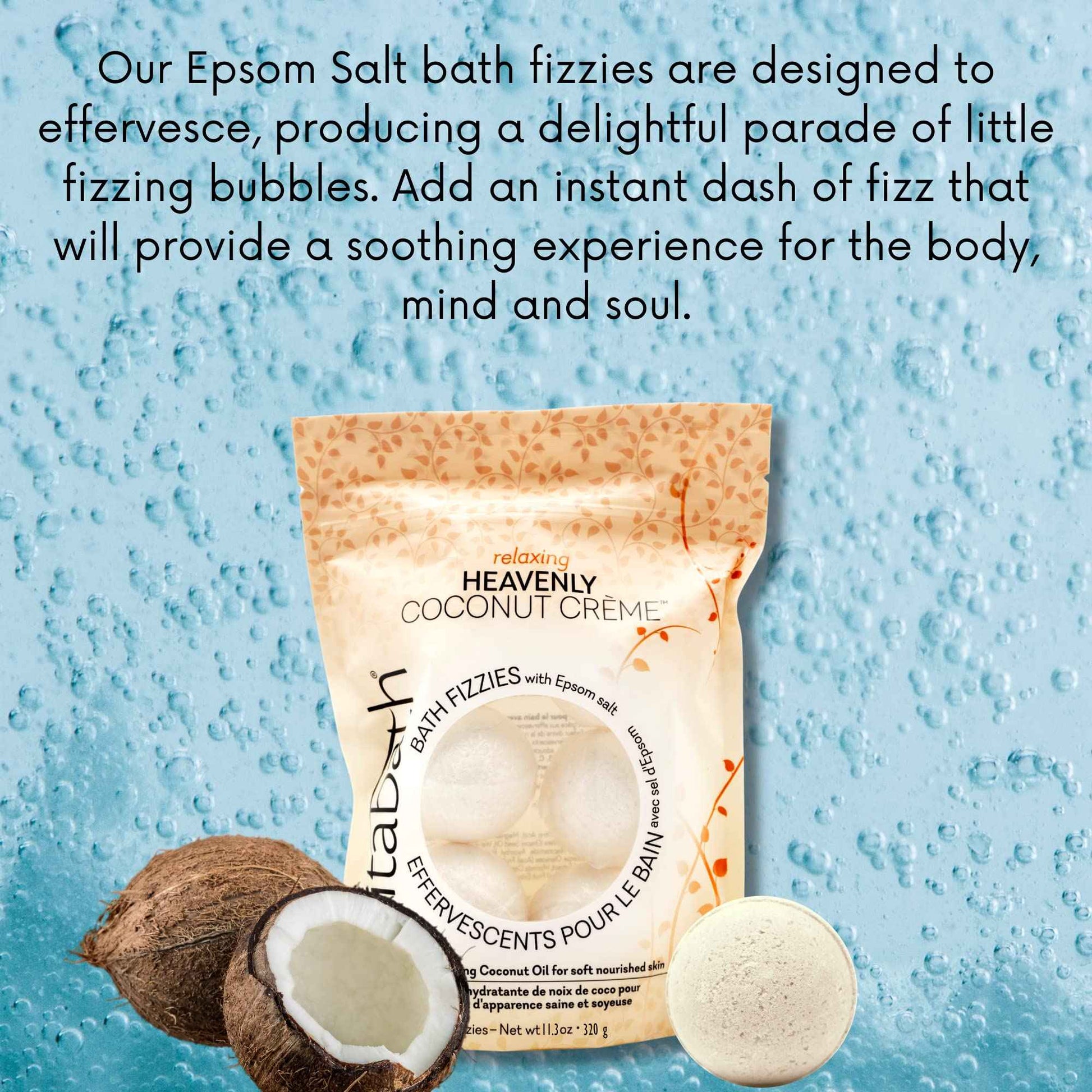 Vitabath Heavenly Coconut Crème Bath Fizzies with Epsom Salt Relax Nourish Unwind Body & Mind Calming Aromatherapy for Muscle Soreness & Reviving Skin Nourishment - 6 Count