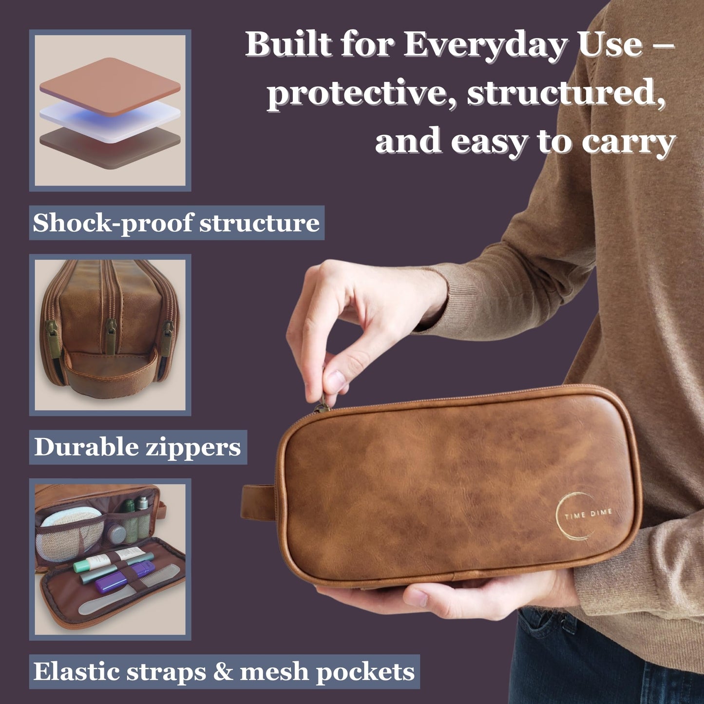 Time Dime Premium Men’s Toiletry Bag with Drawstring Pouch – Durable Water-Resistant Leather-Look Travel Organizer for Shaving, Grooming & Hygiene Essentials (Light Brown)