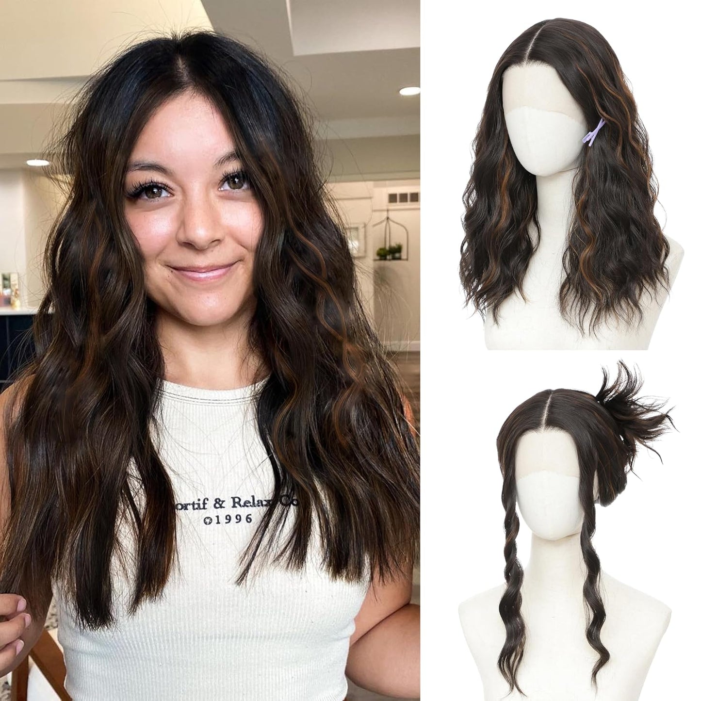 18-Inch Medium Length Wavy Synthetic Wig for Women - Brown Highlight Lace Front with Upgraded Elastic Straps | Perfect for Daily Wear & Halloween
