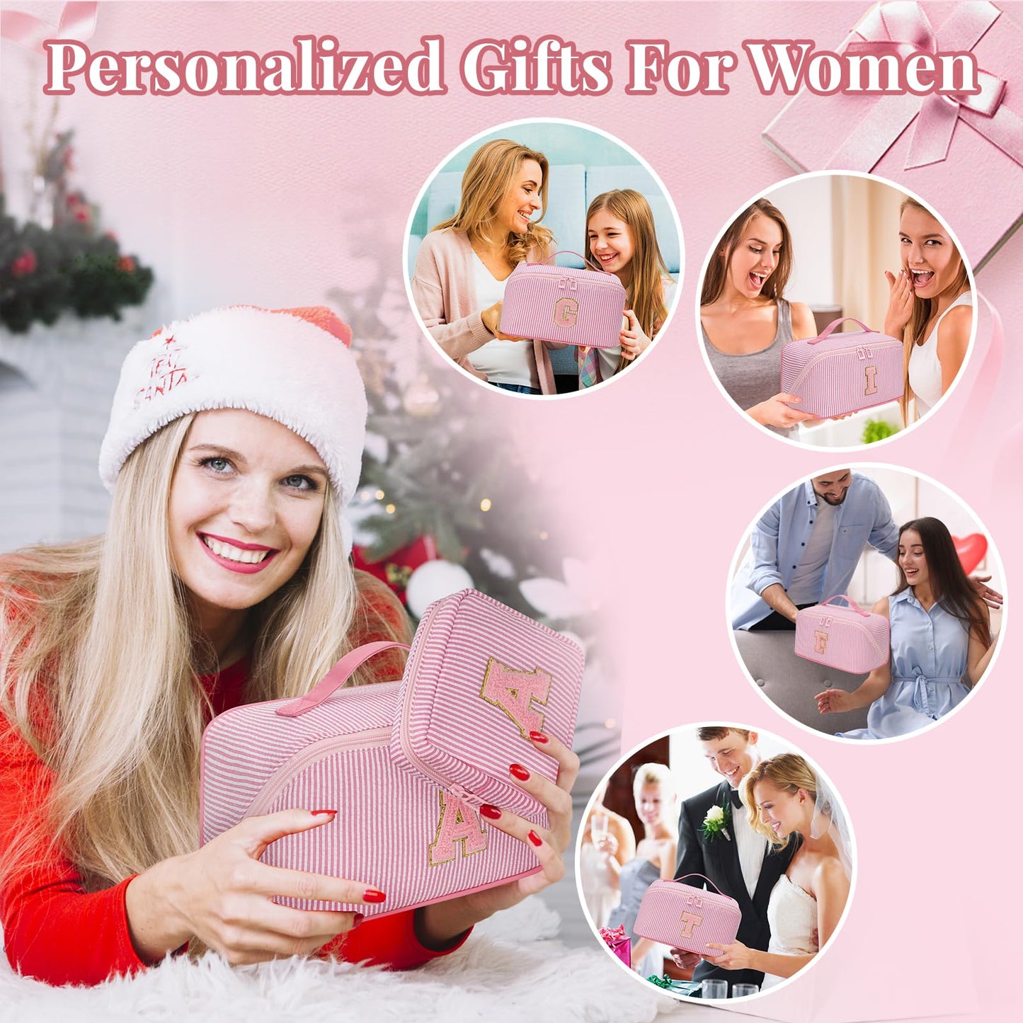 2026 Graduation Gifts - Travel Makeup Bag for Women, 2Pcs Portable Personalized Initial Makeup Organizer Bag, Open Flat Large Cosmetic Bag With Travel Essential Pouch (Pink Letter R)