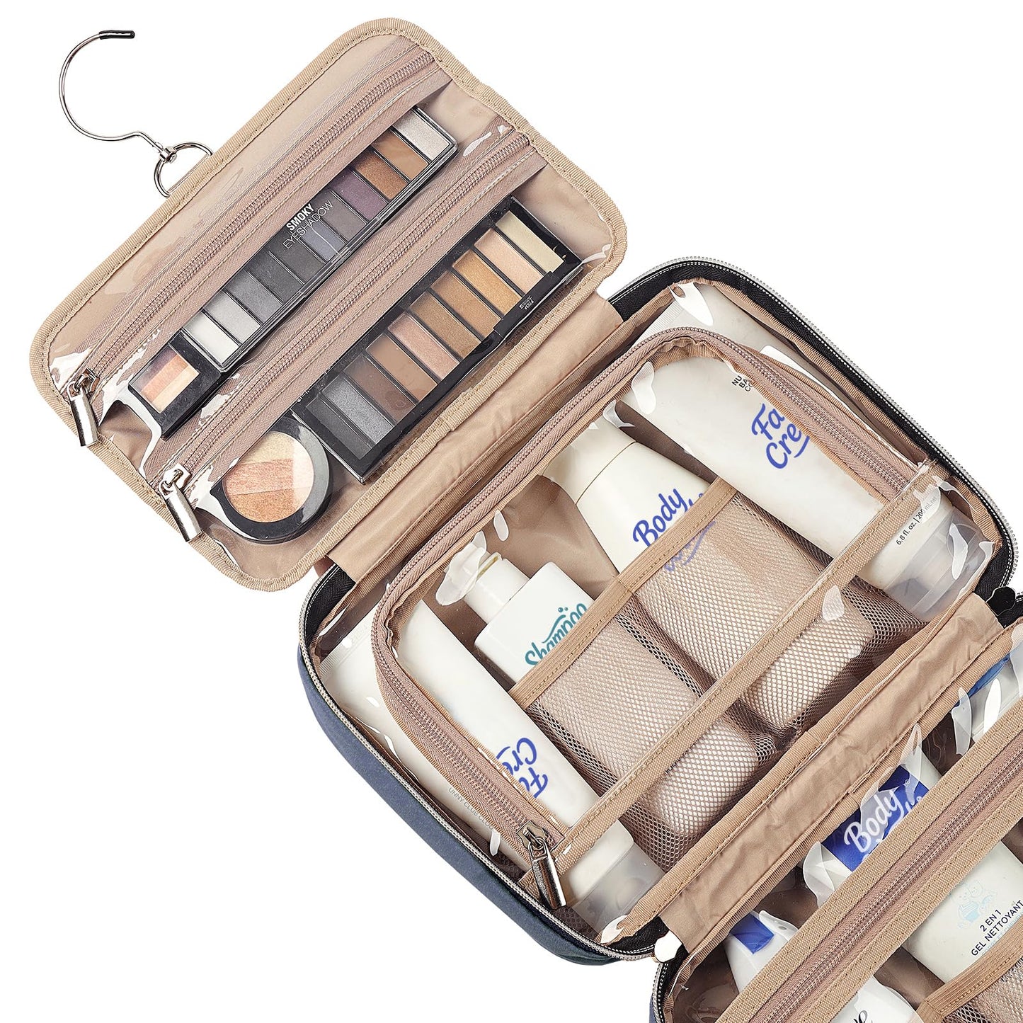 NISHEL Travel Toiletry Bag for women, Portable Hanging Organizer for Travel-Sized Shampoo, Conditioner, Brushes Set, Makeup Accessories, Medium Size, Aegean-Blue