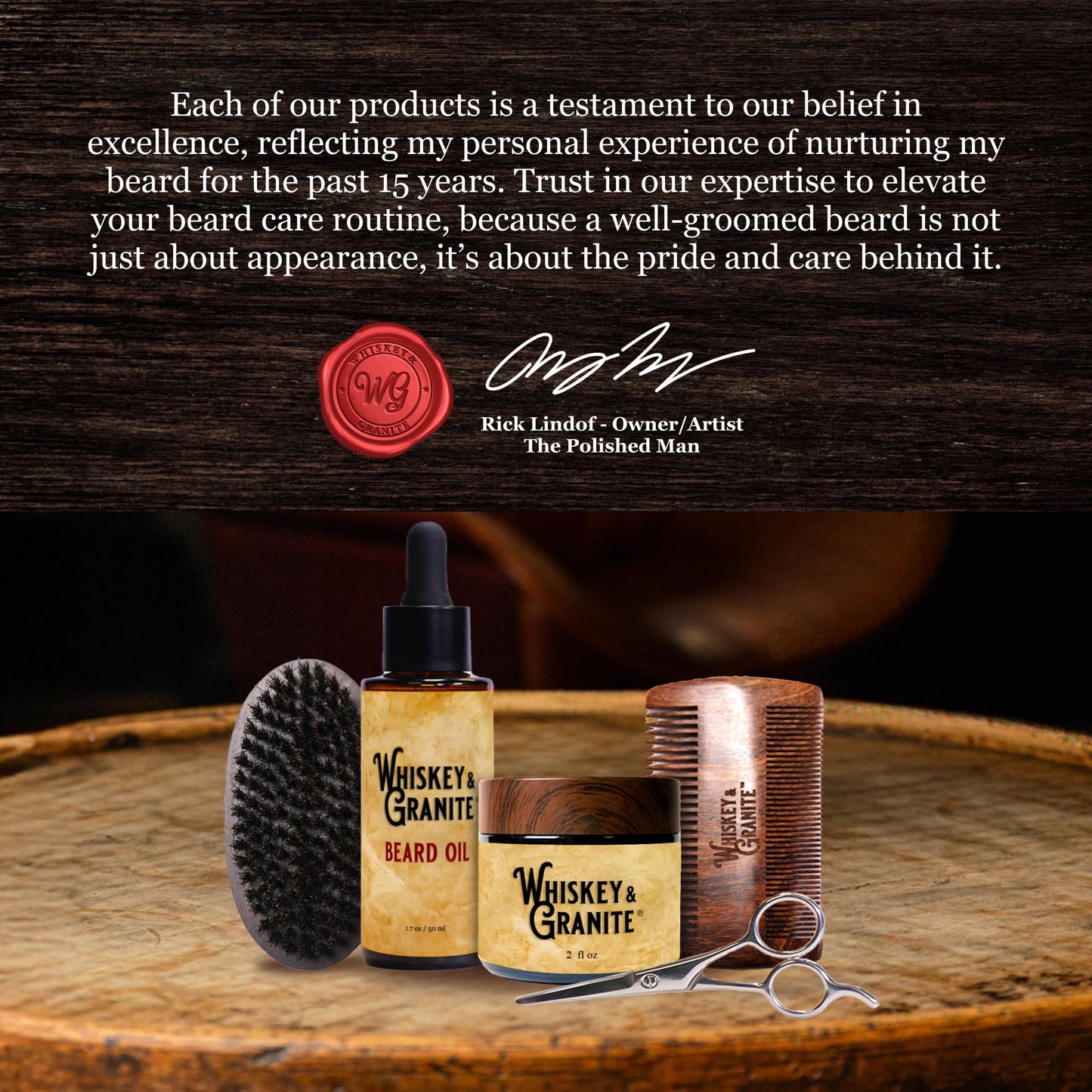 Whiskey & Granite Beard Kit for Men – 100% Natural Ingredients (Mountain Shine). Includes beard oil and balm, comb, brush, and scissors.
