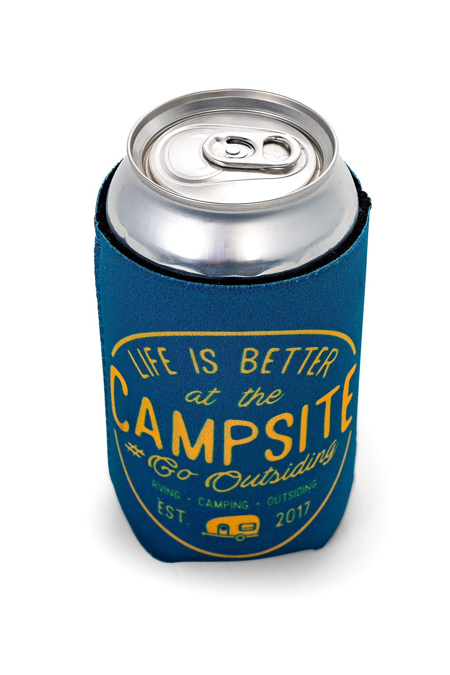 Camco Life is Better at The Campsite Sleeve – Neoprene Soda or Beer Coolie, Fits 12 oz. Cans, Navy Blue and Gold Seal – (53247)