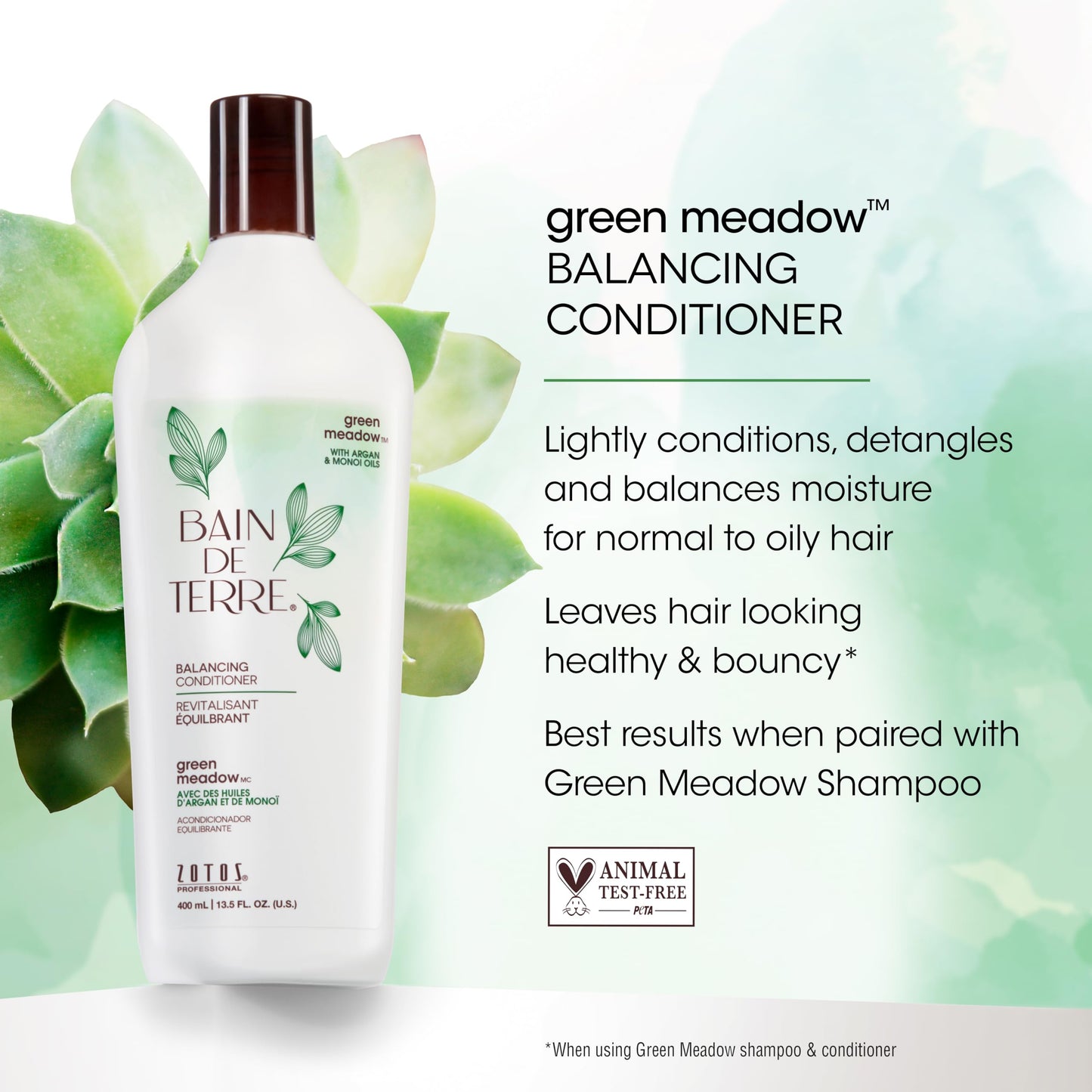 Bain de Terre Green Meadow Balancing Conditioner, Gentle Moisture Balance for Soft, Silky & Bouncy Hair with Argan & Monoi Oils, Paraben-free, Color-Safe, Vegan, 13.5 Fl Oz