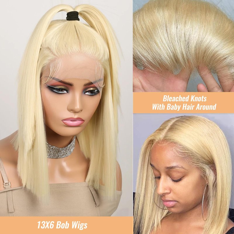 Munx Bob Wig Human Hair 13x4 HD Frontal Lace Wig Real Human Hair 180% Density Straight Blonde 613 Human Hair Wigs for Black Women Glueless Wigs Pre Plucked Blunt Cut Wig 8 Inch