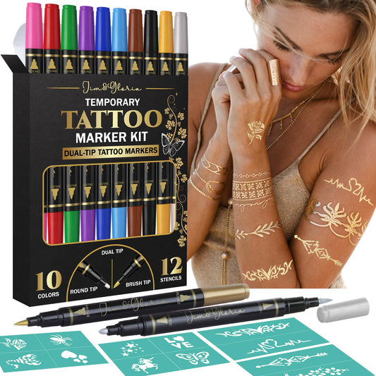 Jim&Gloria Body Art Tattoo Pen Dual Tip 10 Colors with GOLD SILVER Temporary Tattoo Markers Skin Pen Body Markers Skin Marker Face Paint Teen Girl Gifts Trendy Stuff Teenager and Adults