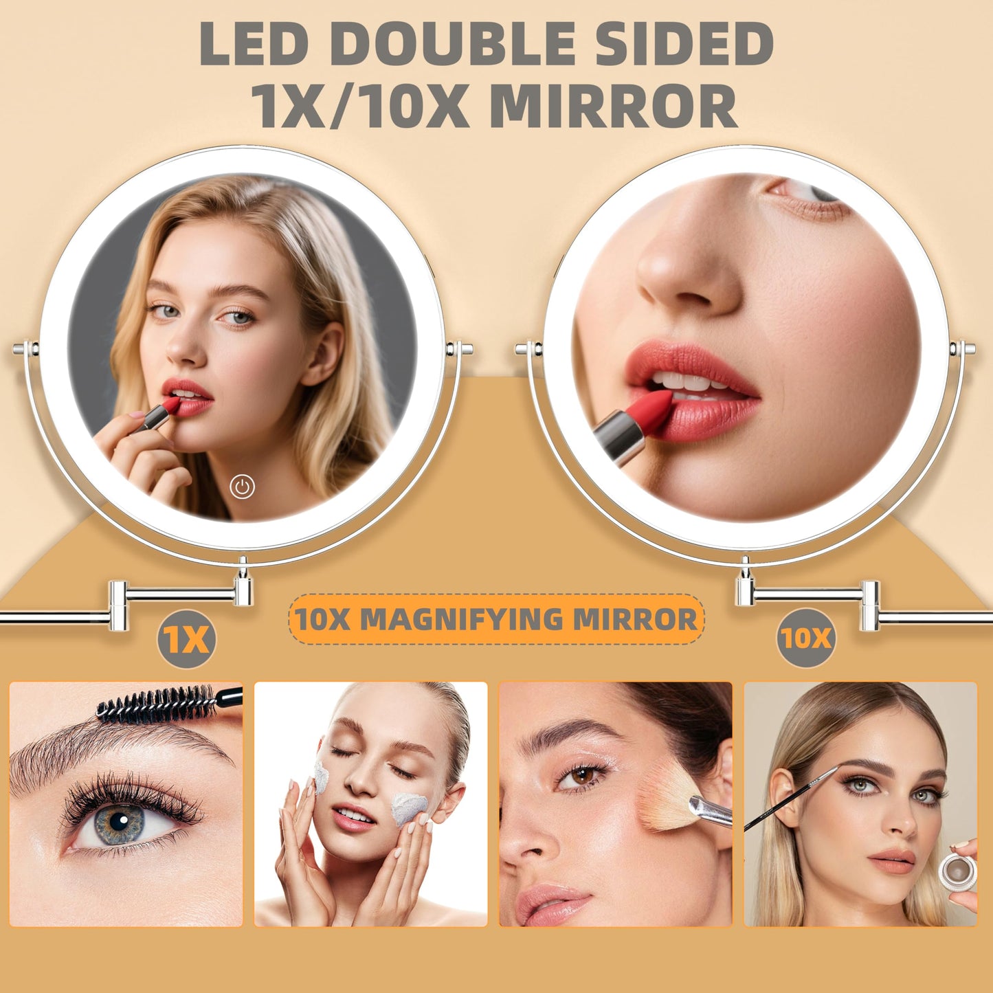 BATUSO 8.5 Inch Wall Mounted Lighted Makeup Mirror, 1X/10X Magnifying Mirror with 19.7 Inch Extended Arm, 3 Color Lights Touch Dimmable, 360 Rotation, 2000mAh Rechargeable Bathroom Vanity Mirror Round