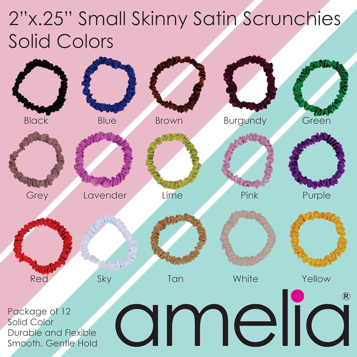 Amelia Beauty, Black, Skinny Satin Scrunchies, 12 Pack – 2in Diameter, Gentle & Strong Hold, No-Snag, No-Dent, Crease-Free Hair Ties