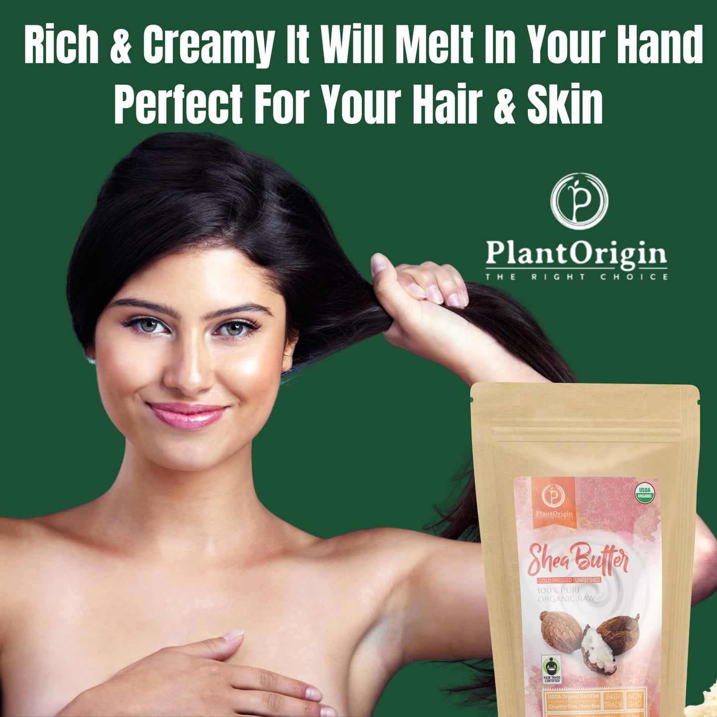 PLANTORIGIN Shea Butter 1 lb | Raw USDA Certified Organic | African Unrefined | Great for Hair, Skin, and your DIY Projects | Soap Making Base, Lip Balm, Stretch Mark Cream.