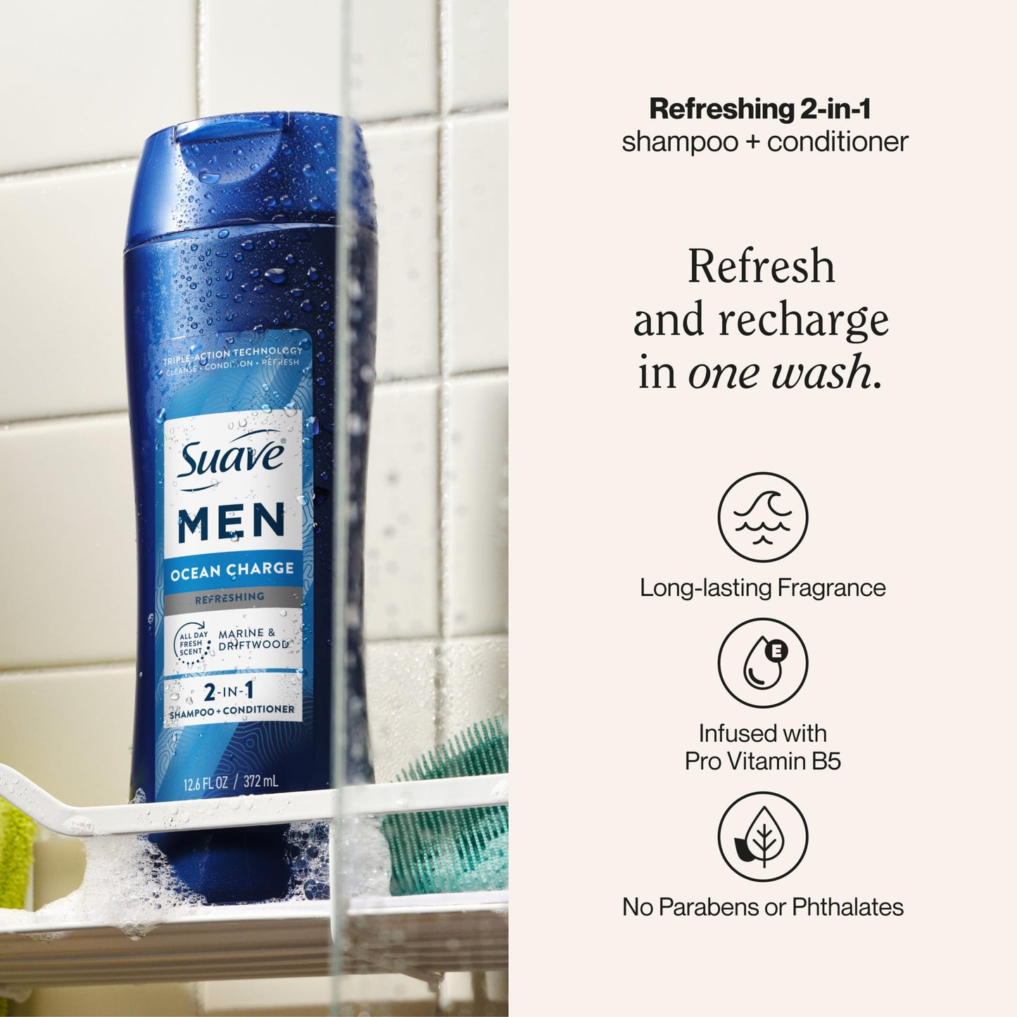 Suave Men Ocean Charge 2 in 1 Refreshing Shampoo & Conditioner with Pro Vitamin B5, Hydrates & Revitalizes Hair, Ocean Fresh Scent, 6 Count, 12.6 FL OZ