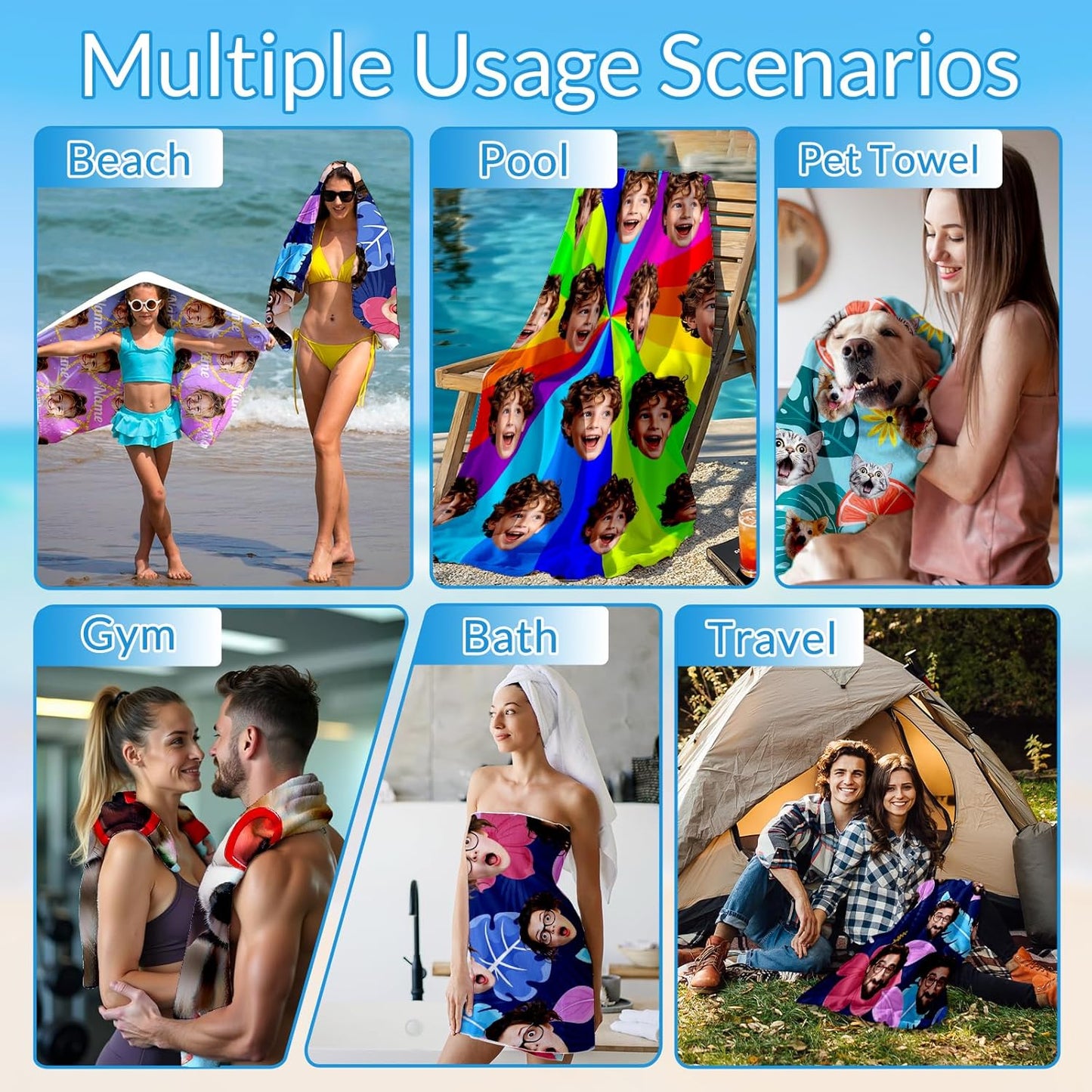 Personalized Beach Towels for Kids | Quick Dry Microfiber, Custom Photo/Text, 40"x70" Size