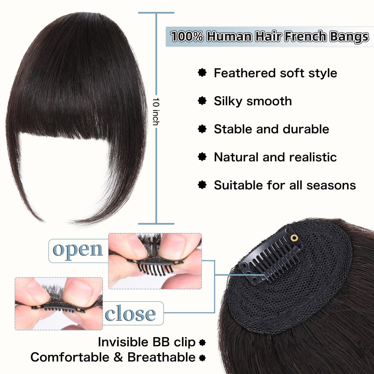 Niceone Hair Clip In Bangs for Women, Brown Black French Bangs Hair Clip with Temples, 100% Real Human Hair Layered Curved Fringe for Halloween and Daily Use(Brown Black, French Bangs)