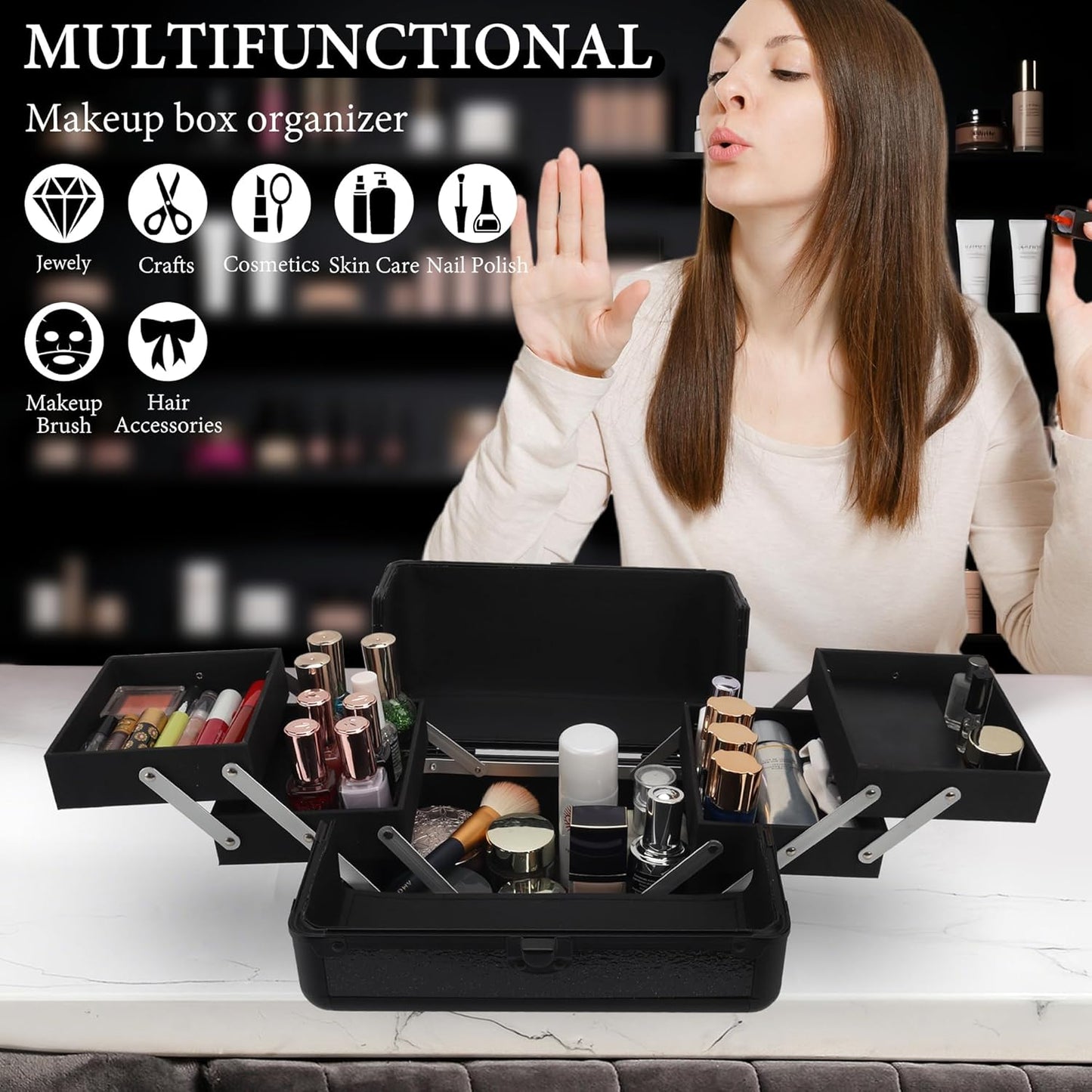 Makeup Train Case - 10.2" Hard Vanity Organizer with 4 Trays | Lockable Starry Black Travel Case for Artists