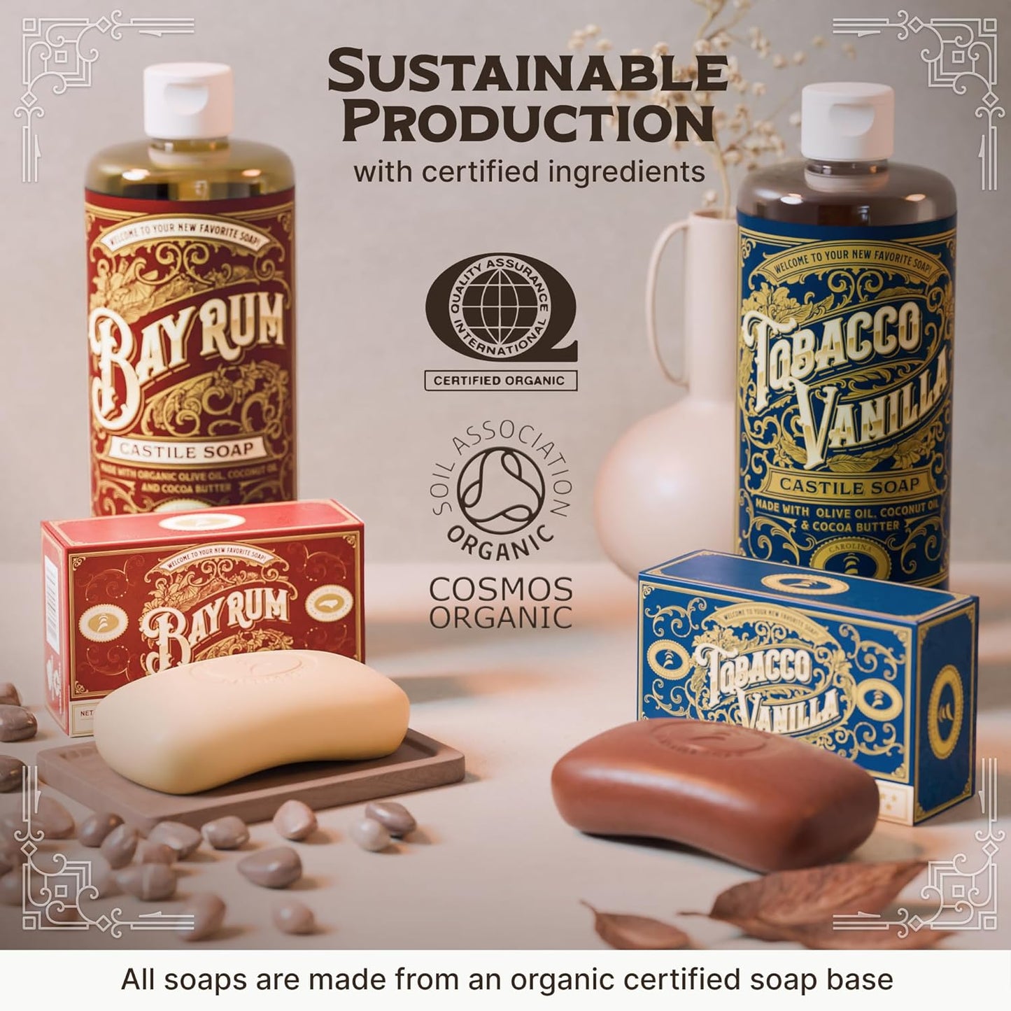 Castile Soap Bar for Sensitive Skin - Natural Olive Oil & Cocoa Butter | Vegan Bay Rum Scent, 5 oz