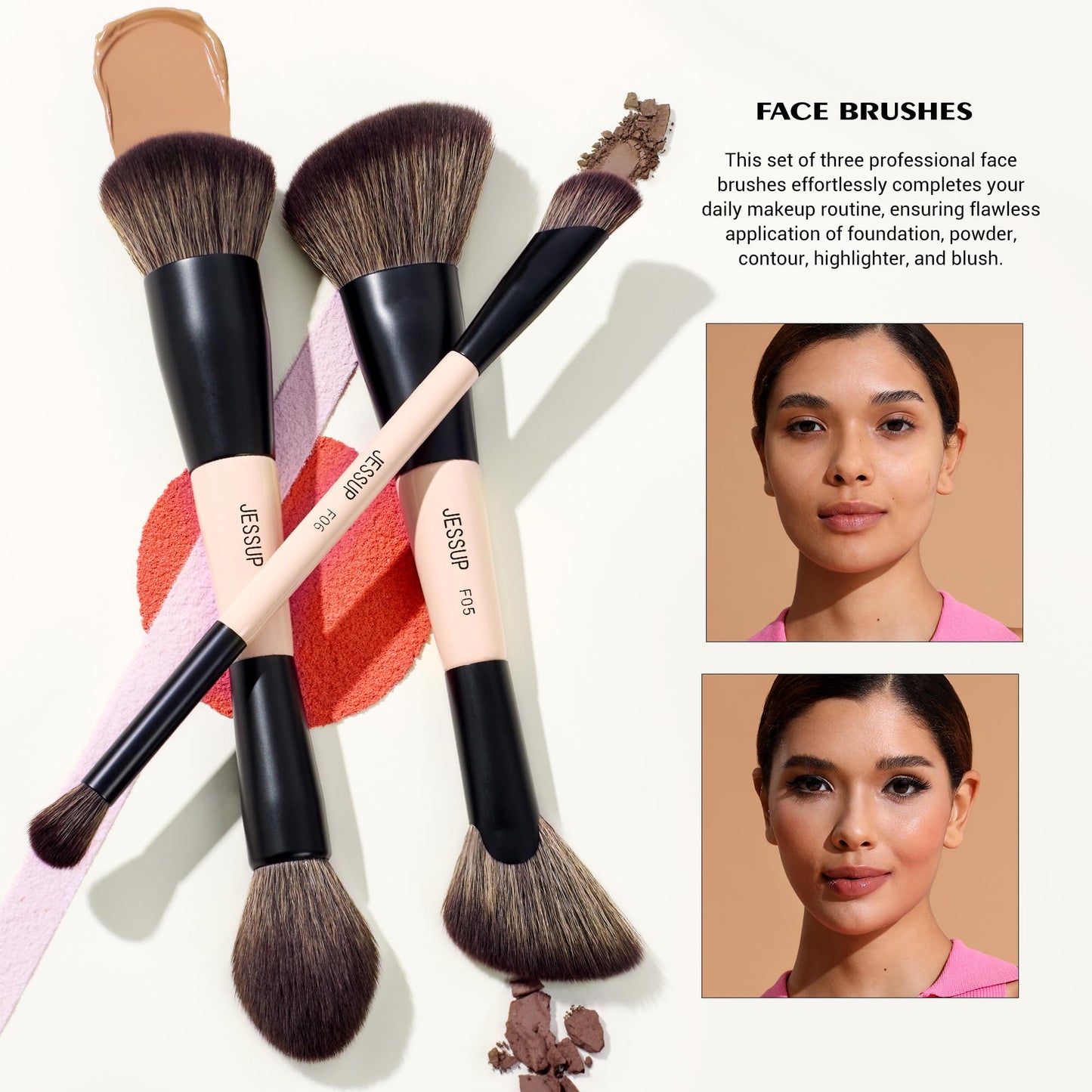 Jessup Makeup Brushes Set 7pcs Double Sided Makeup Brushes for Foundation Concealer Blush Eyeshadow Contour Bronzer Powder Blending Eyebrow Eyeliner, Cruelty-Free Make up Brushes Peach Dust T600