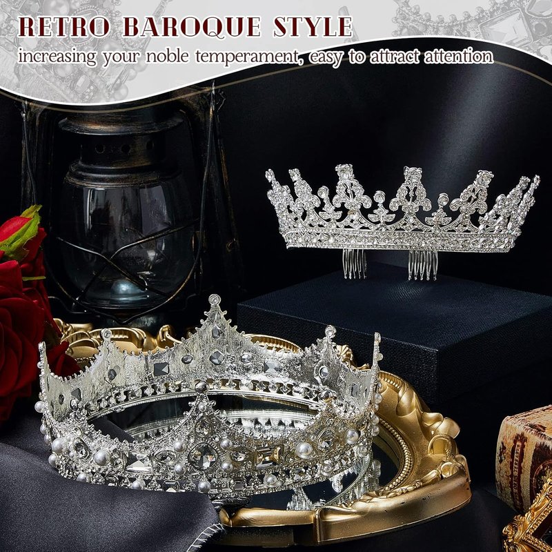 Silver Tiara Crowns Set for Prom King & Queen | 2 Pcs Birthday, Wedding, Graduation Hair Accessories
