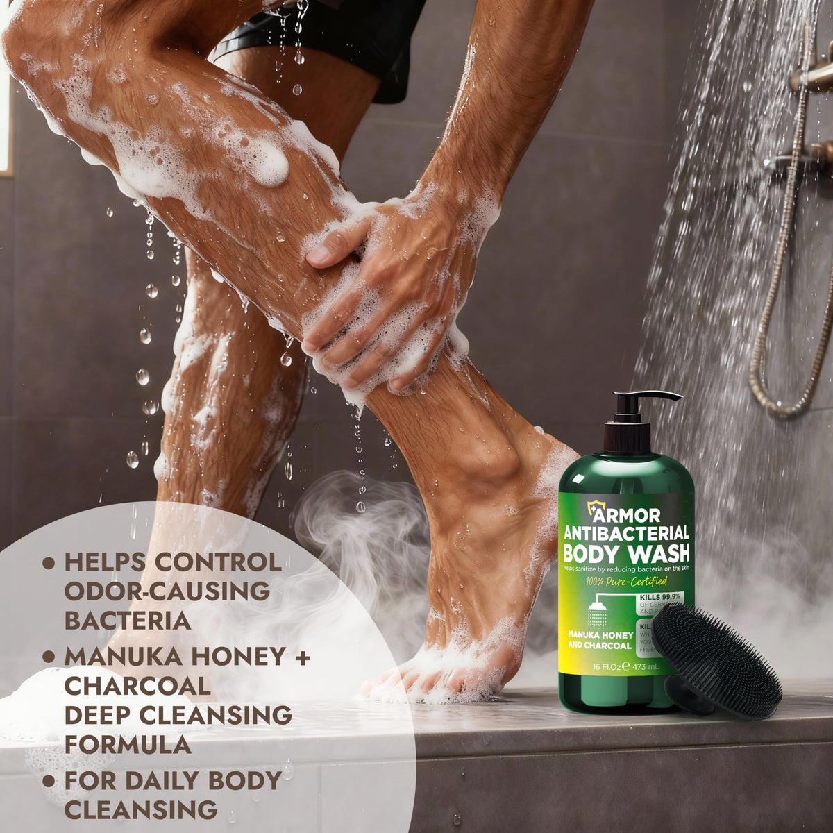 Antibacterial Body Wash | Antibacterial Soap for Men & Women | Kills 99.9% of Germs & Bacteria | Helps with Back Acne, Body Odor & Skin Irritation | Manuka Honey & Charcoal | Includes Scrubber16 fl oz