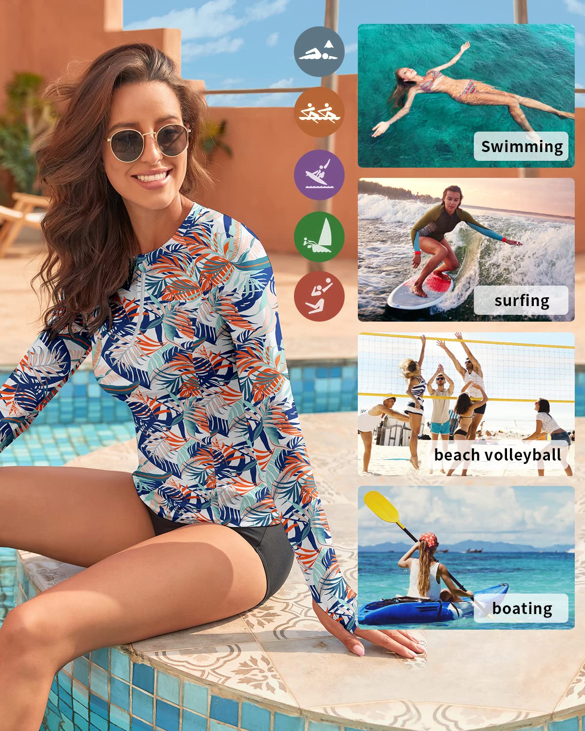 WOWENY Women's Long Sleeve Swimsuit Rash Guard Swim Shirts UPF 50+ Thumb Holes UV Bathing Suit