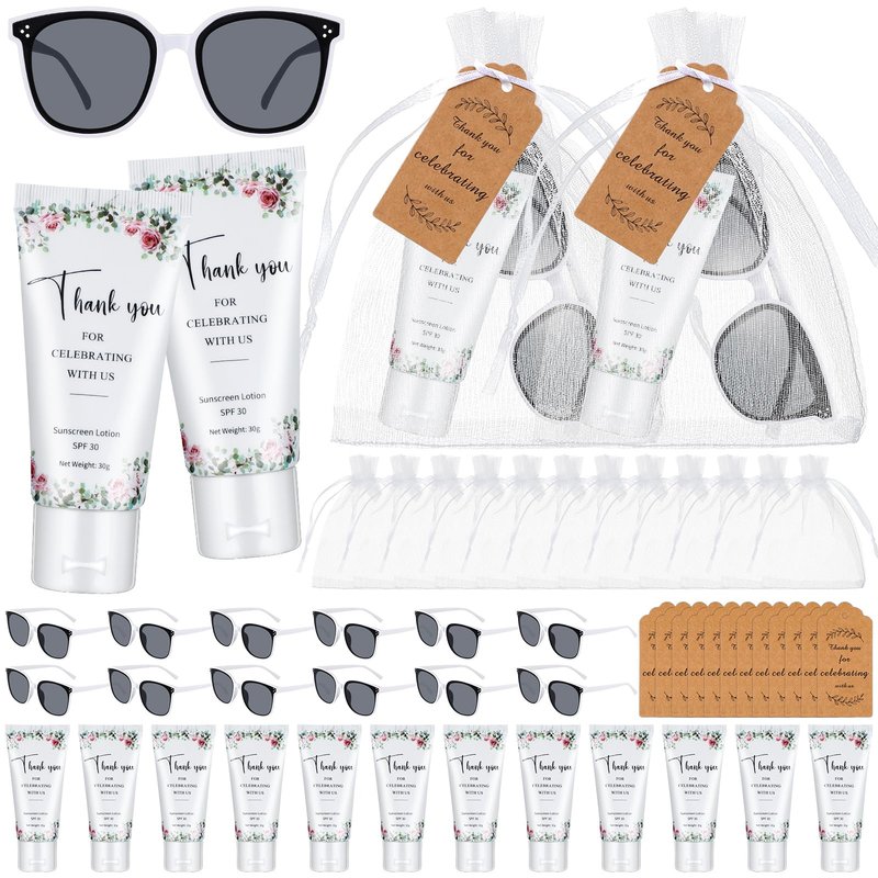 Dansib 12 Sets Mini Sunscreen and Sunglasses Bulk for Wedding Party Spf30 Water Resistant Sunscreen Lotion Bulk 1oz Travel Size for Thank You Gifts Wedding Party Supplies (Floral)