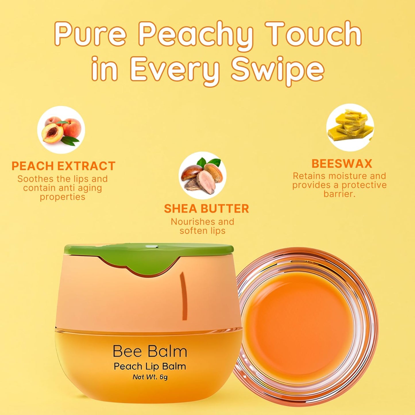 My Bee Balm Lip Balm - Peach Hydrating Balm for Dry, Chapped Lips | Propolis & Honey, 2-Pack