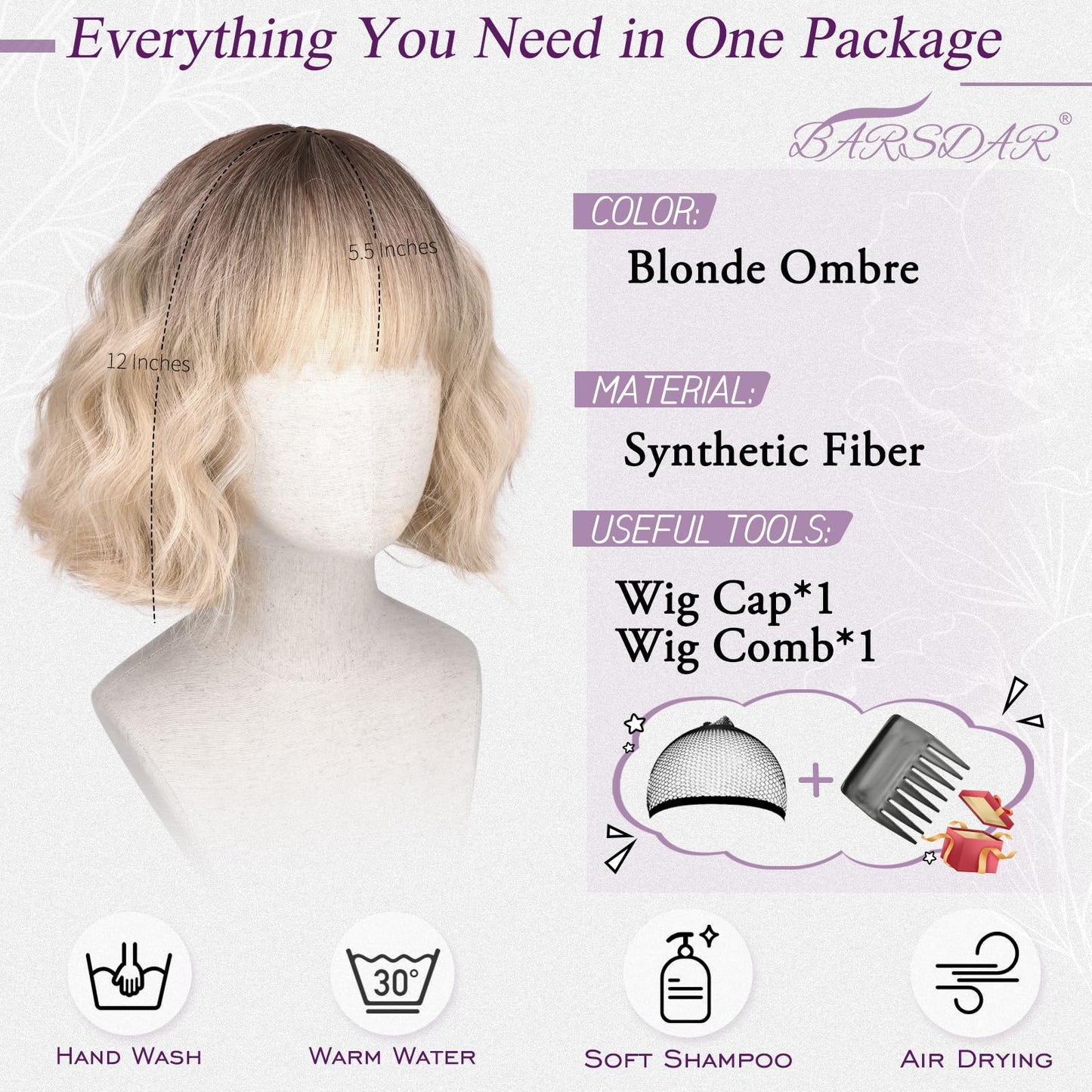 BARSDAR Blonde Ombre Short Wavy Wig with Bangs - Short Wavy Blonde Ombre Wig for Women - Fluffy Soft Synthetic Dark Roots Curly Textured French Bob Wigs with Bangs Natural Looking Face-Framing