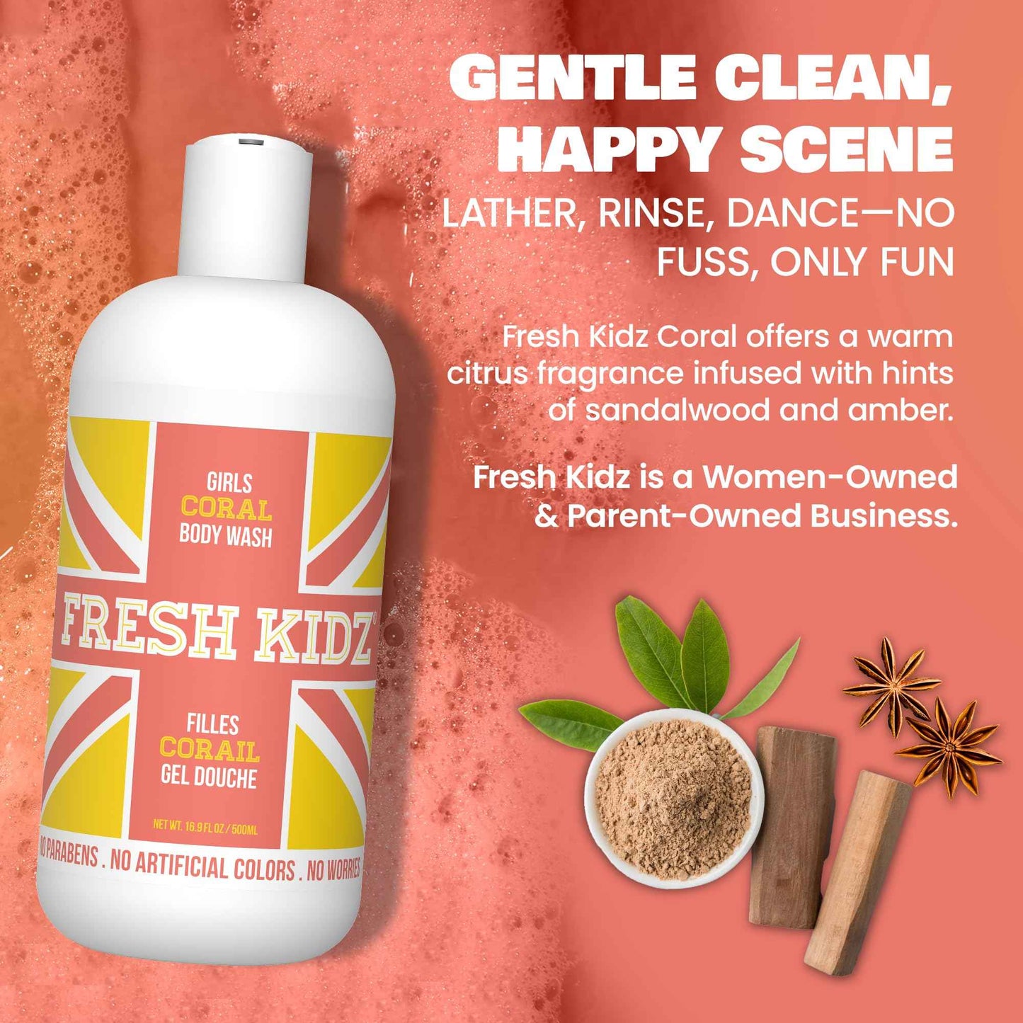 Fresh Kidz Body Wash 16.9 fl.oz. and Stick Deodorant 2.65 oz for Kids and Teens - Girls "Coral" Set