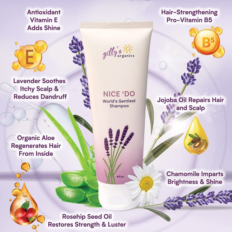 Gilly's Organics Organic Shampoo, Fresh Lavender Scent - Made in USA 2-in-1 Natural & Super Gentle Cleaner For Soft & Thick Hair - Infused with Aloe & Chamomile - Vegan, No Parabens or Sulfates