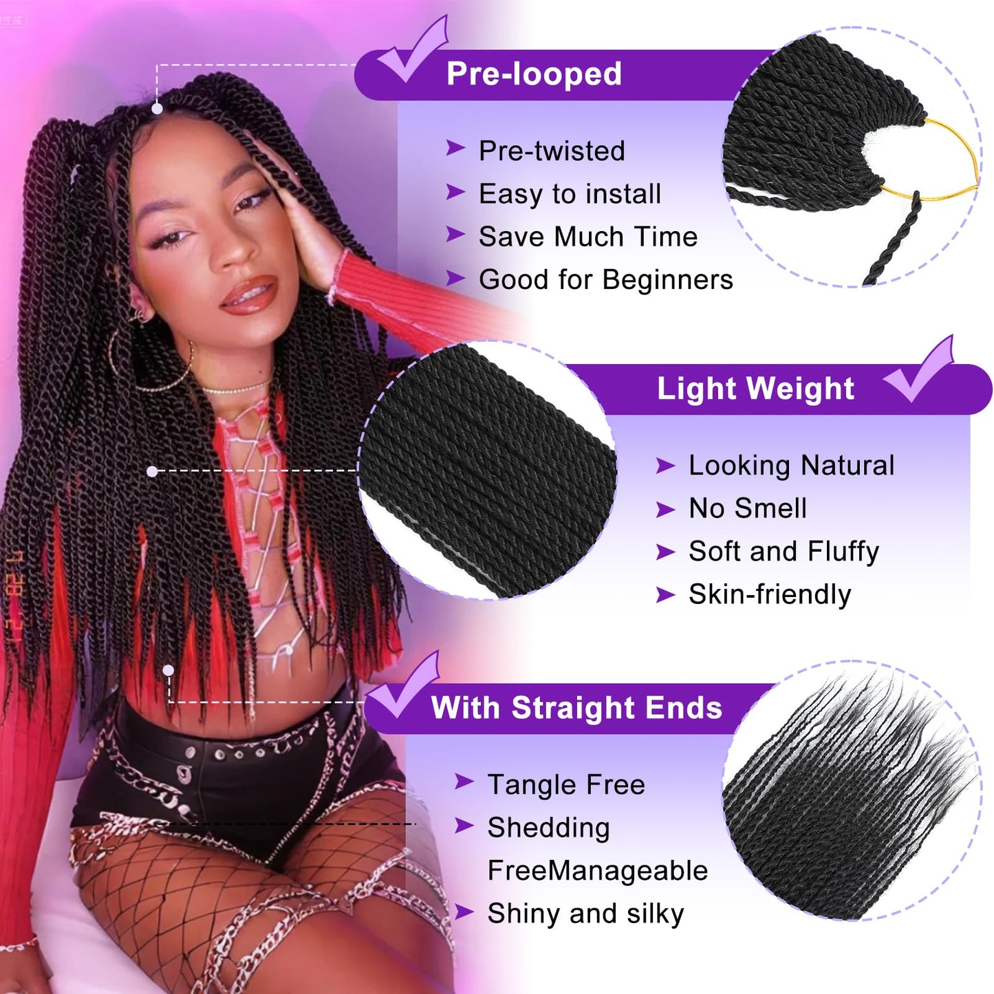 Senegalese Twist Crochet Hair for Women 22 Inch 8 Packs Pre Looped Crochet Braids Small Twist Braids Mini Twist Crochet Hair Natural Black