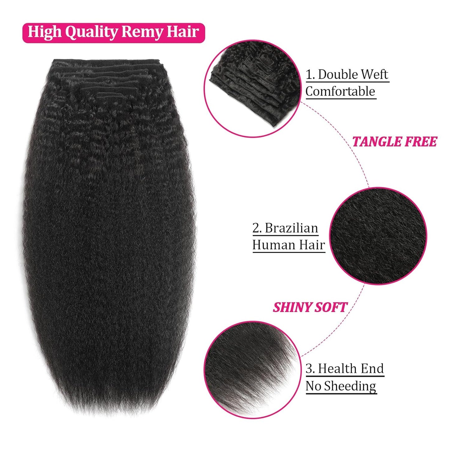 Real Human Hair Clip In Extensions - 20 Inch Kinky Straight, 120g, Full Head, Natural Black