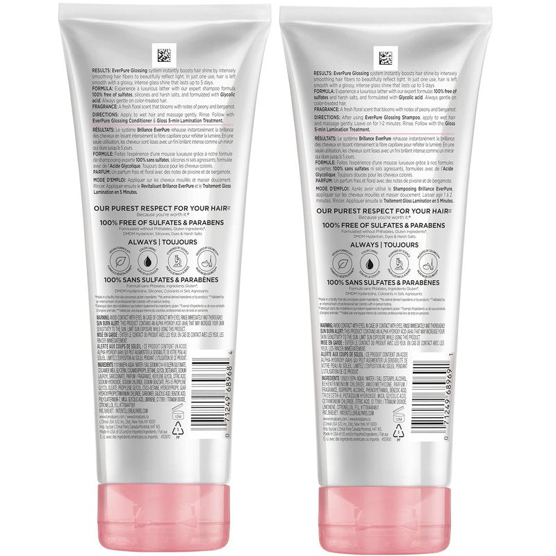 L'Oreal Paris Glossing Shampoo & Conditioner Set | Sulfate-Free with Glycolic Acid for Dull, Dry Hair - 1 Kit