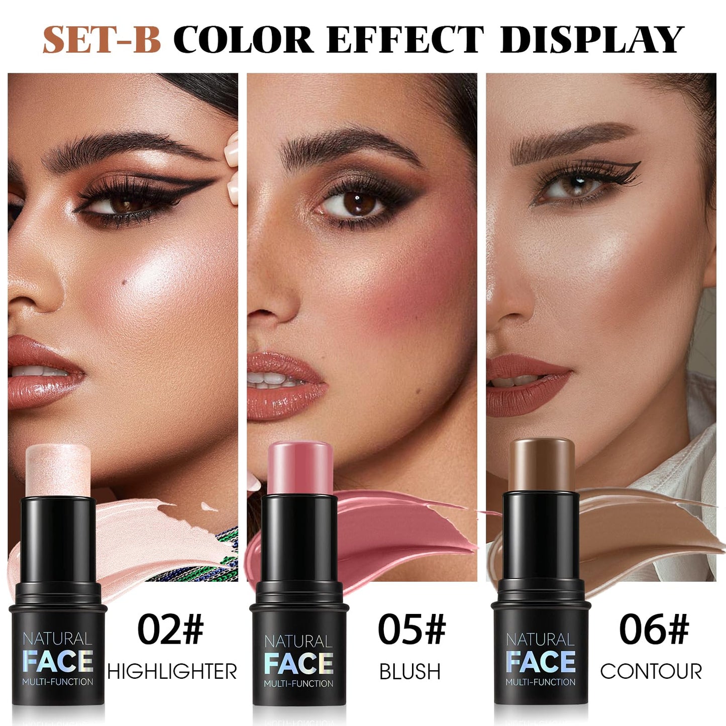 LSxia 3Pcs Cream Contour Kit - Cream Blush, Highlighter, Contour Bronzer for Cheeks, Waterproof Long Lasting Blendable, Contour Stick Trio for Face Makeup (#02, 05, 06)