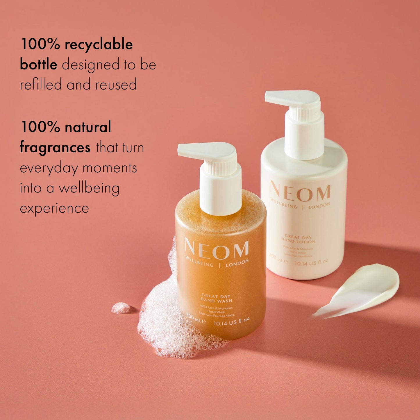 Neom Great Day Exfoliating Hand Wash, 300ml IWild mint and mandarin I Blended with orange peel to exfoliate I 100% Recyclable Bottle I Refillable