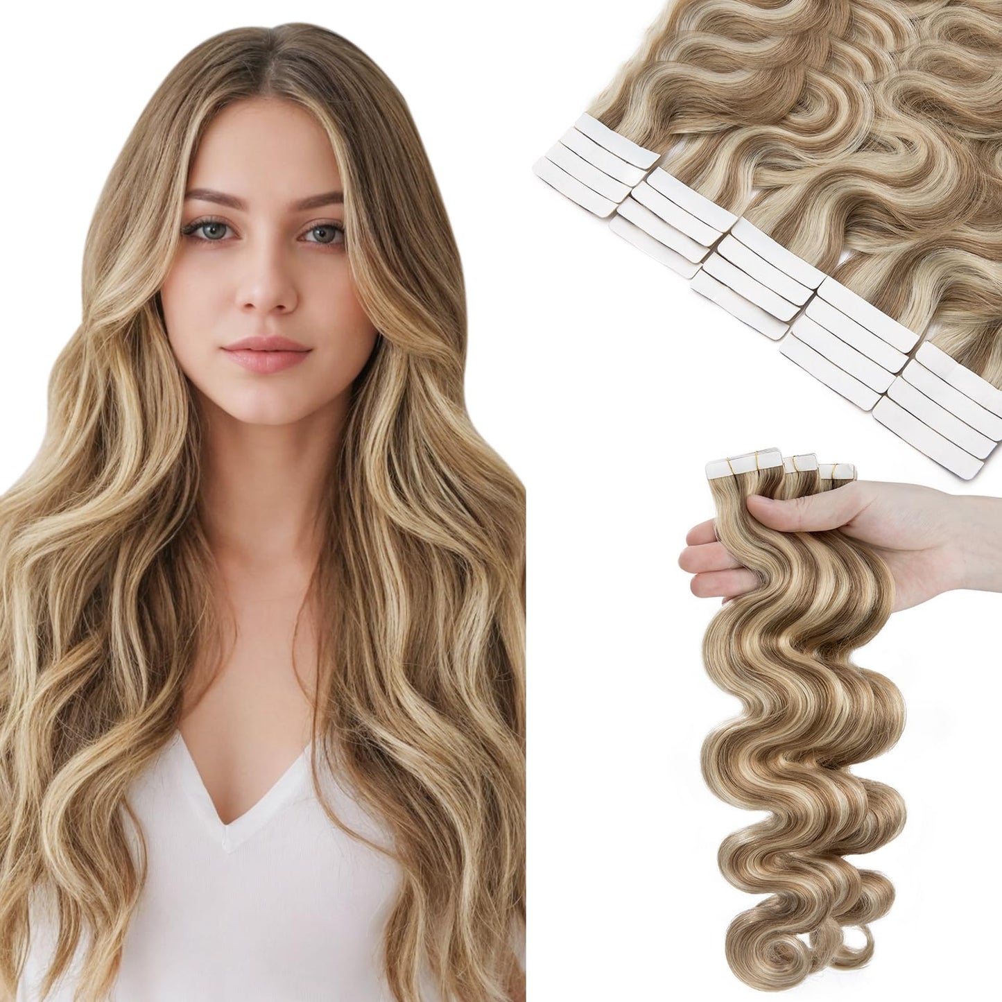 SEGOHAIR Wavy Tape In Hair Extensions Real Human Hair with Double-Sided Adhesive Professional Hair Extensions for Women 20pcs Body Wave 14 Inches #12P613 Golden Brown & Bleach Blonde