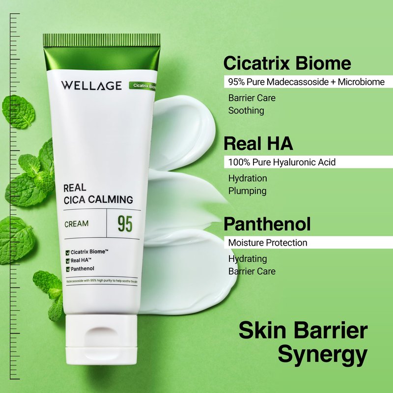 WELLAGE Cica Calming Cream - Korean Face Soothing Moisturizer, High Purity Madecassoside with Centella Asiatica Panthenol - Calms Sensitive Skin, Anti-Redness & Rosacea, Anti-Scaling & Blemish, 2.7oz