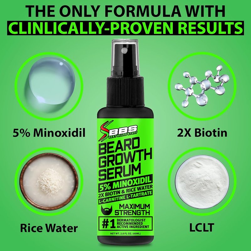 Minoxidil Beard Growth Serum - 5% Formula with 2X Biotin & Rice Water for Thicker, Fuller Facial Hair | Ideal for Patchy Areas